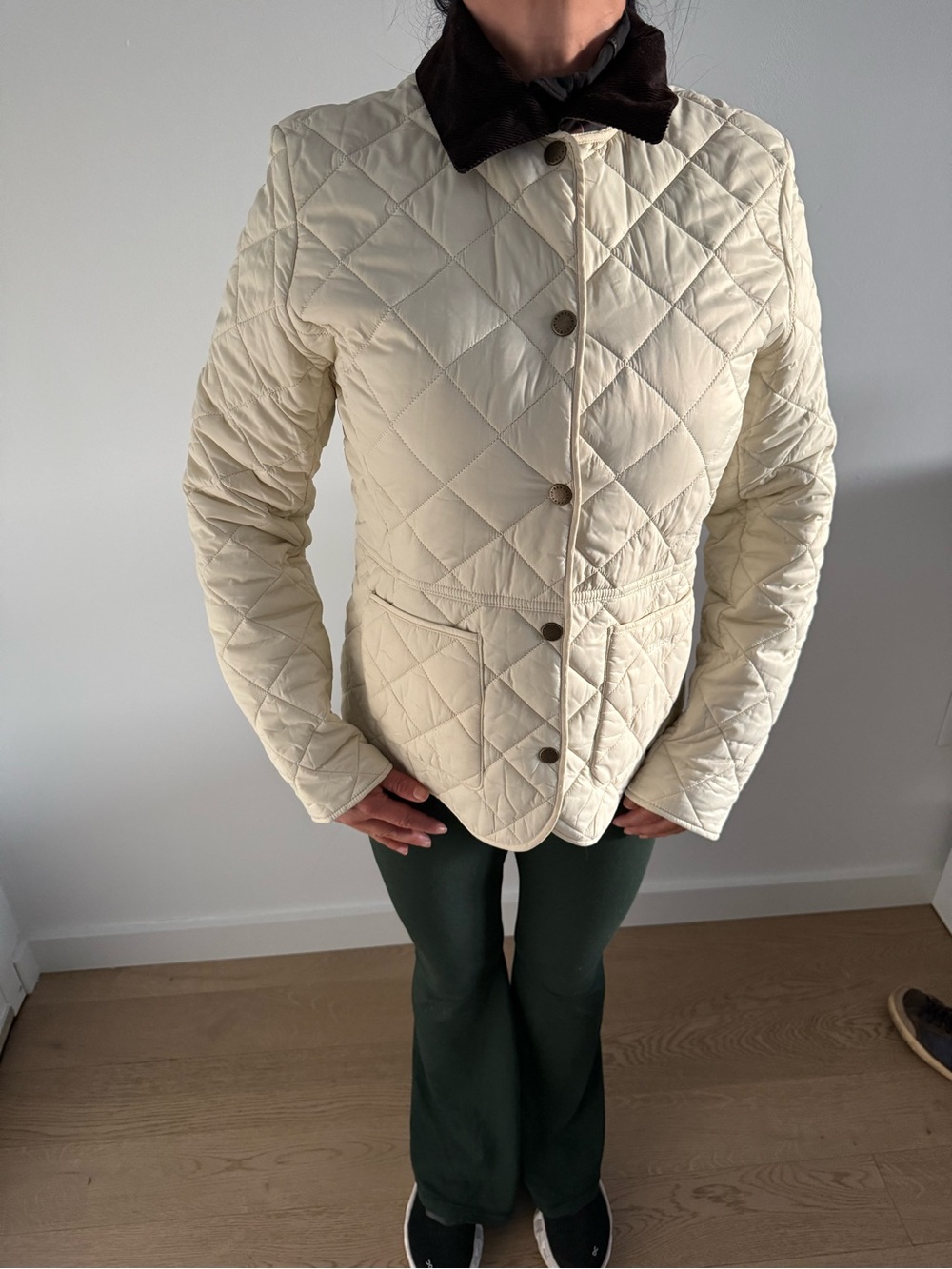 Barbour Cream Quilted Puffer Jacket with Dark Brown Collar